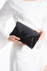 Satin Evening Clutch Bag with Embellishment - Black
