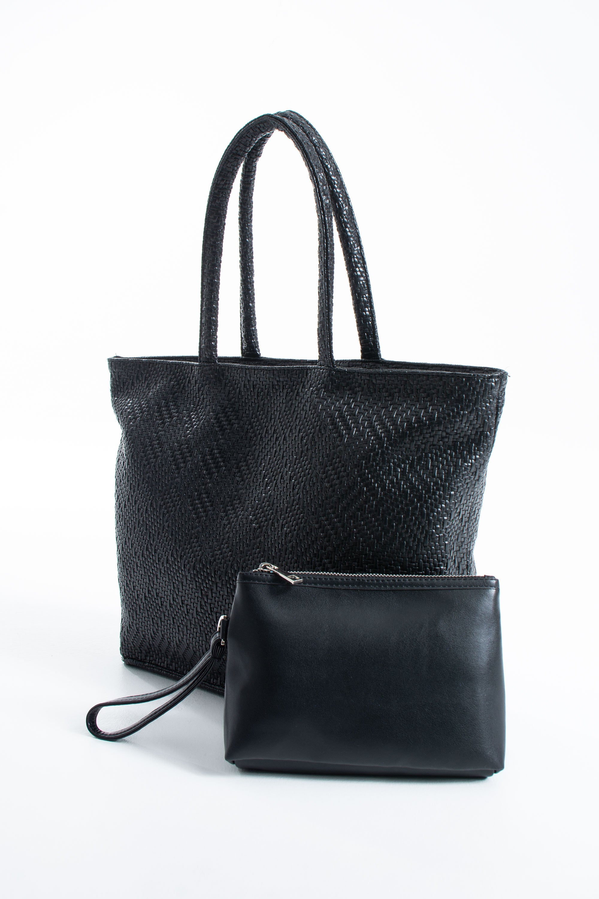 Woven Pu Leather Tote Bag with Matching Zipper Pouch 2PCS Set - Black