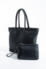 Woven Pu Leather Tote Bag with Matching Zipper Pouch 2PCS Set - Black