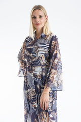 Womens Abstract Print Chiffon Midi Shirt Dress