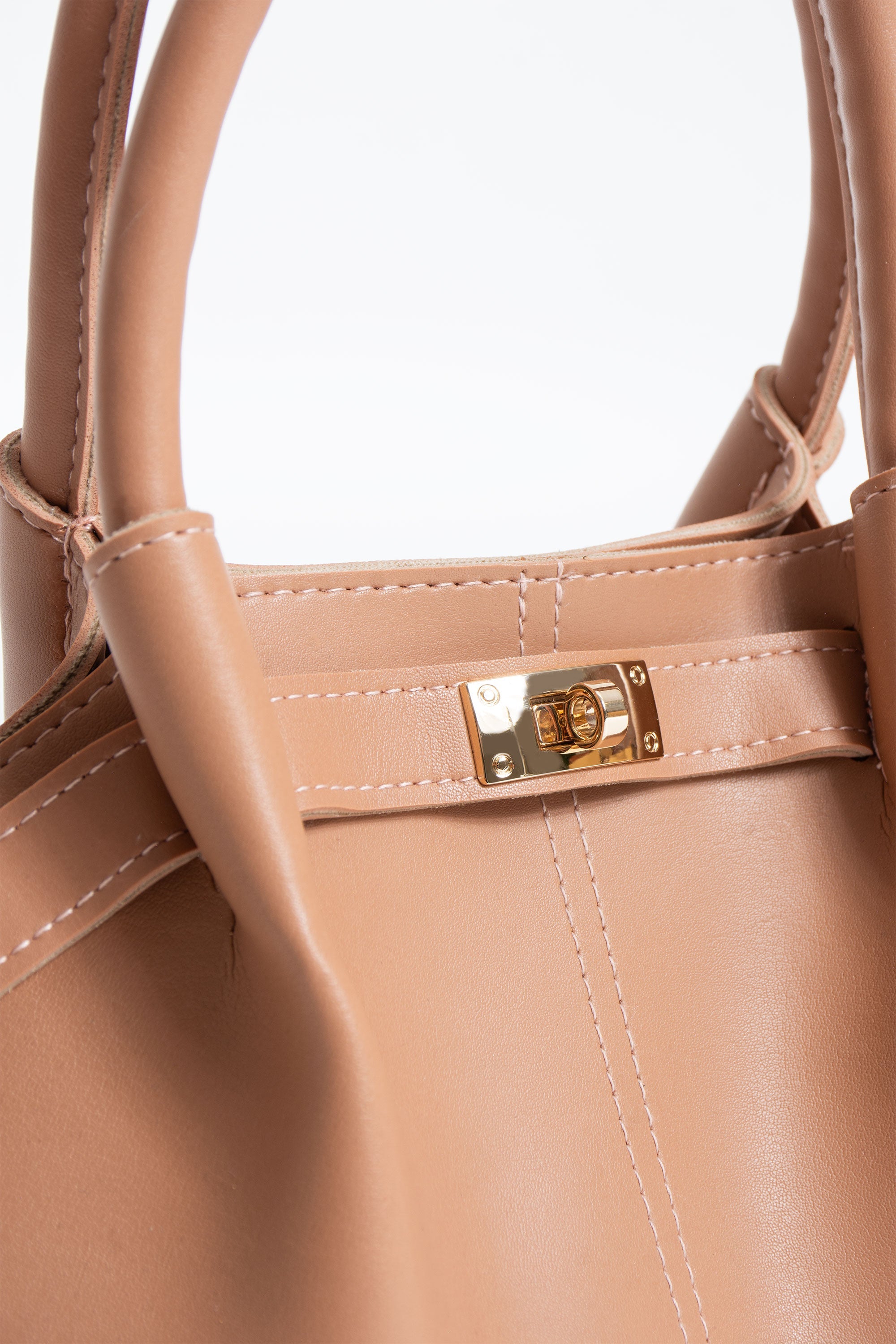 Pu Leather Top Handle Crossbody Bag with Twist Lock Detail - Nude
