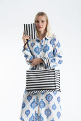Striped Canvas Summer Tote Bag  with Matching Zipper Pouch 2 Pcs Set