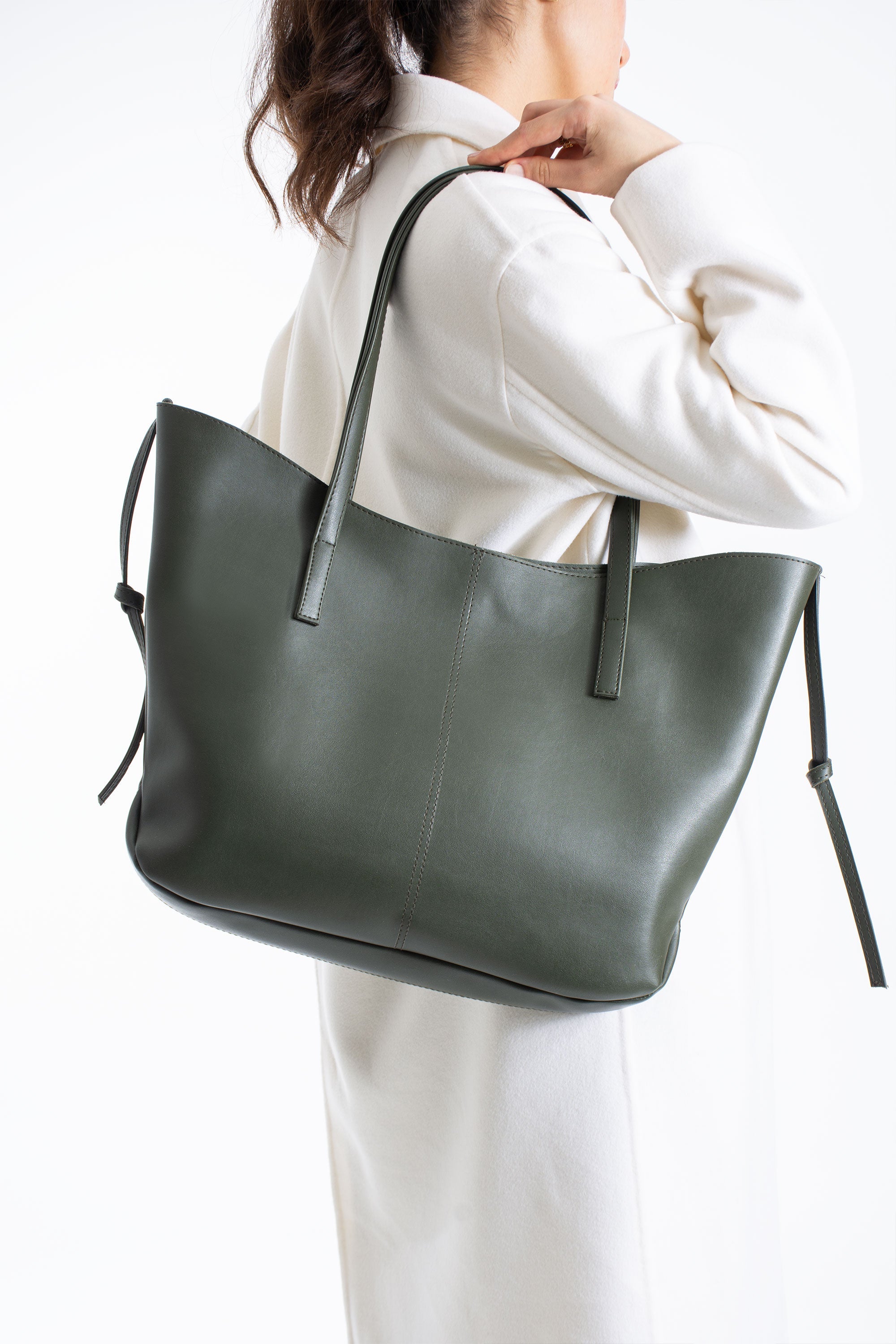 Pu Leather Large Tote Bag with Matching Zipper Pouch  2PCS Set - Green