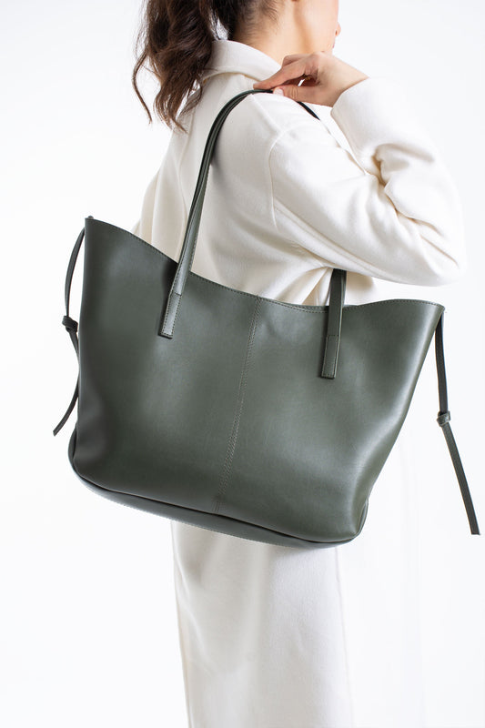 Pu Leather Large Tote Bag with Matching Zipper Pouch  2PCS Set - Green