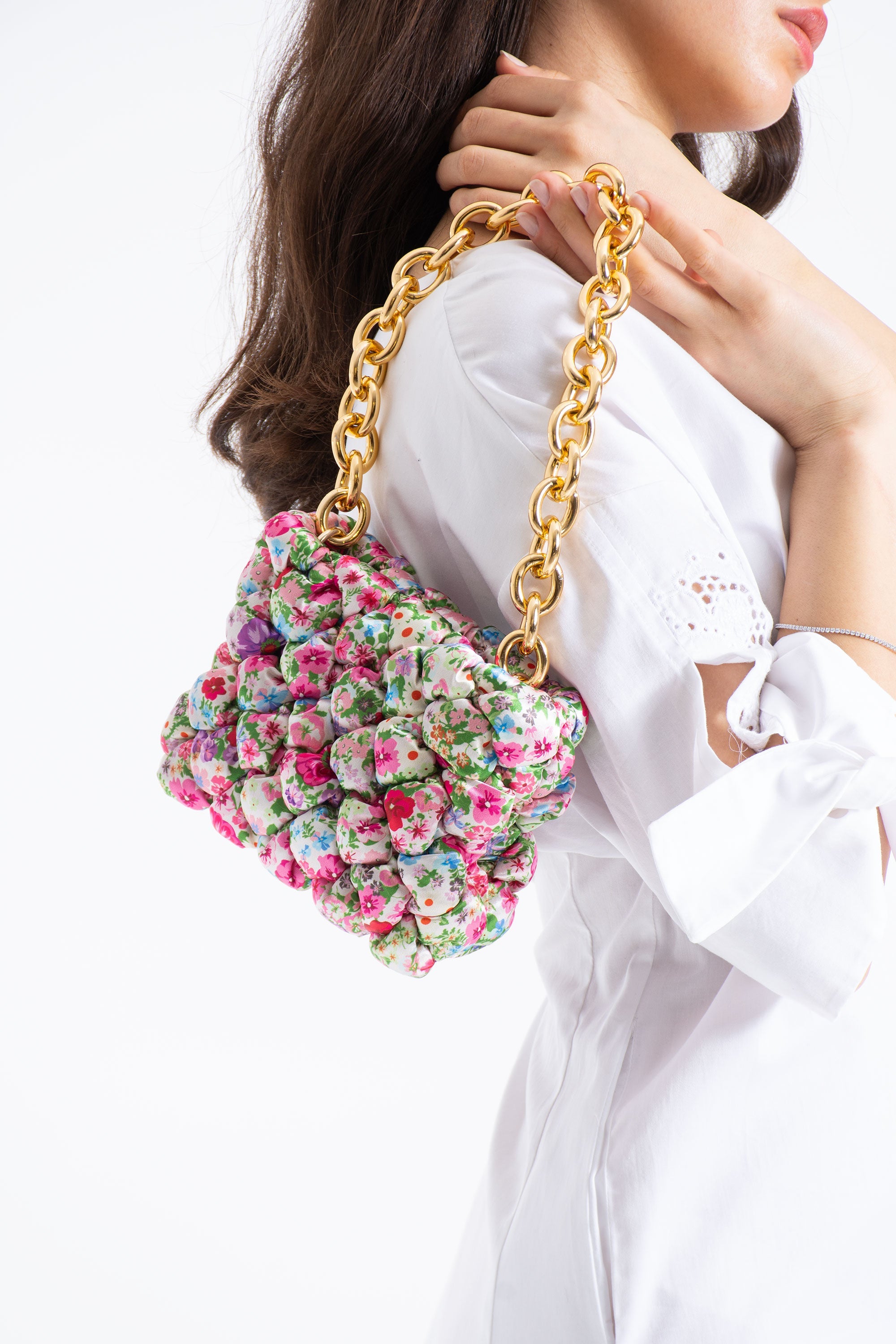 Floral Quilted Shoulder Grab  Bag with Gold Chain Strap - Multi