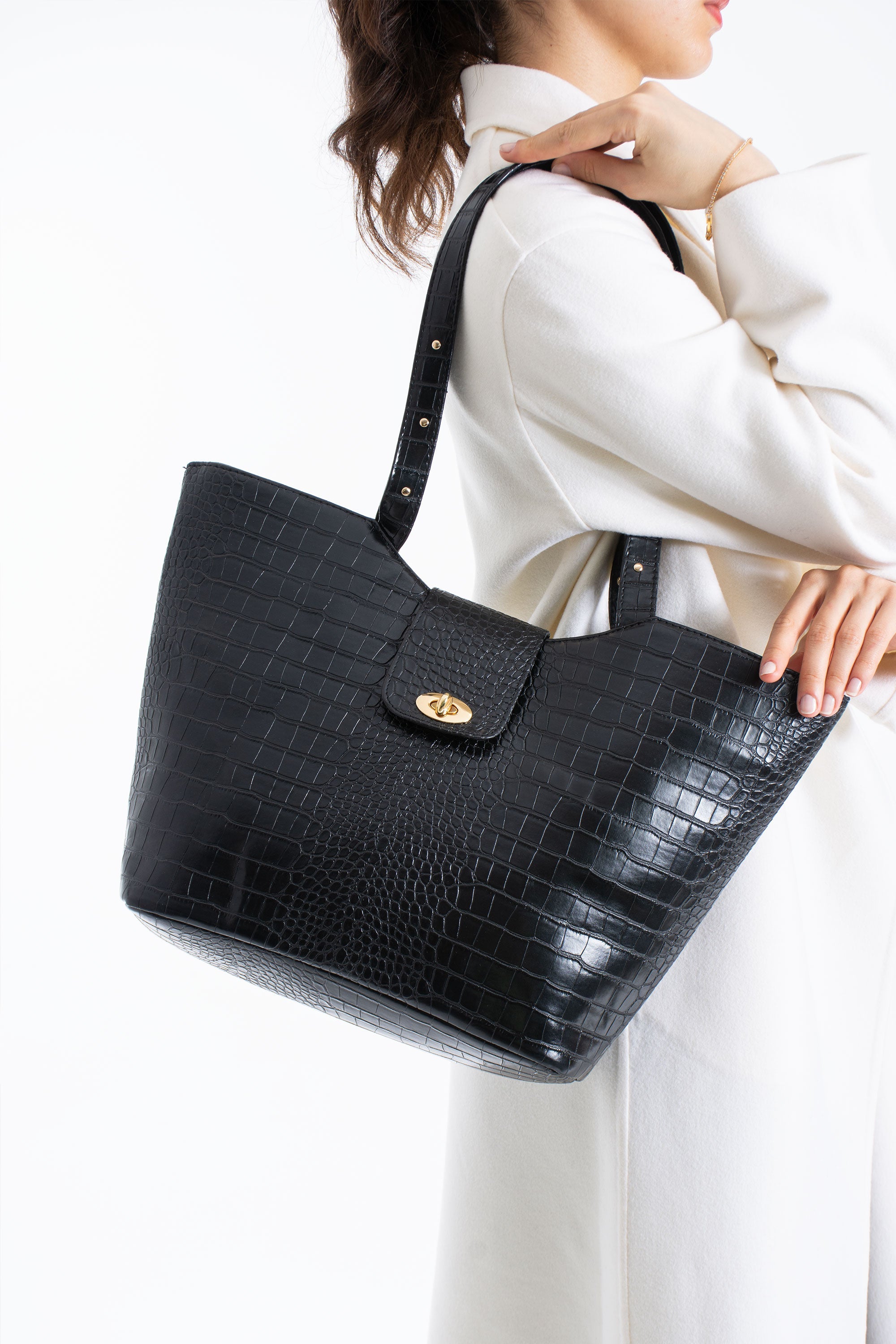 Texured Pu Leather Tote Bag with Matching Zipper Pouch 2PCS Set - Black