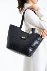 Texured Pu Leather Tote Bag with Matching Zipper Pouch 2PCS Set - Black