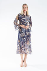 Womens Abstract Print Chiffon Midi Shirt Dress
