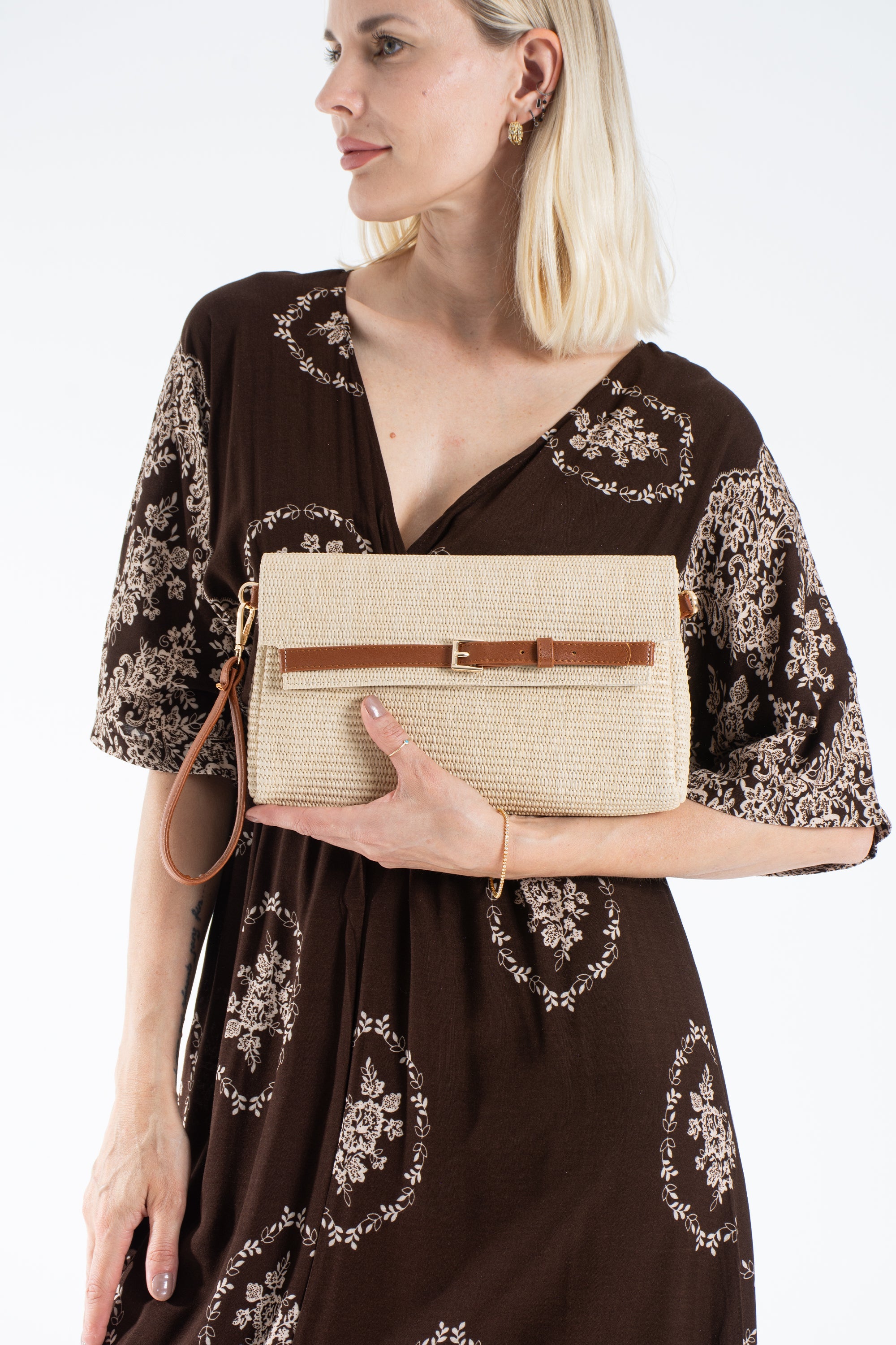Woven Pu Leather Flap Closure Wristlet & Clutch&Crossbody  3-in-1 - Cream