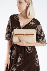 Woven Pu Leather Flap Closure Wristlet & Clutch&Crossbody  3-in-1 - Cream