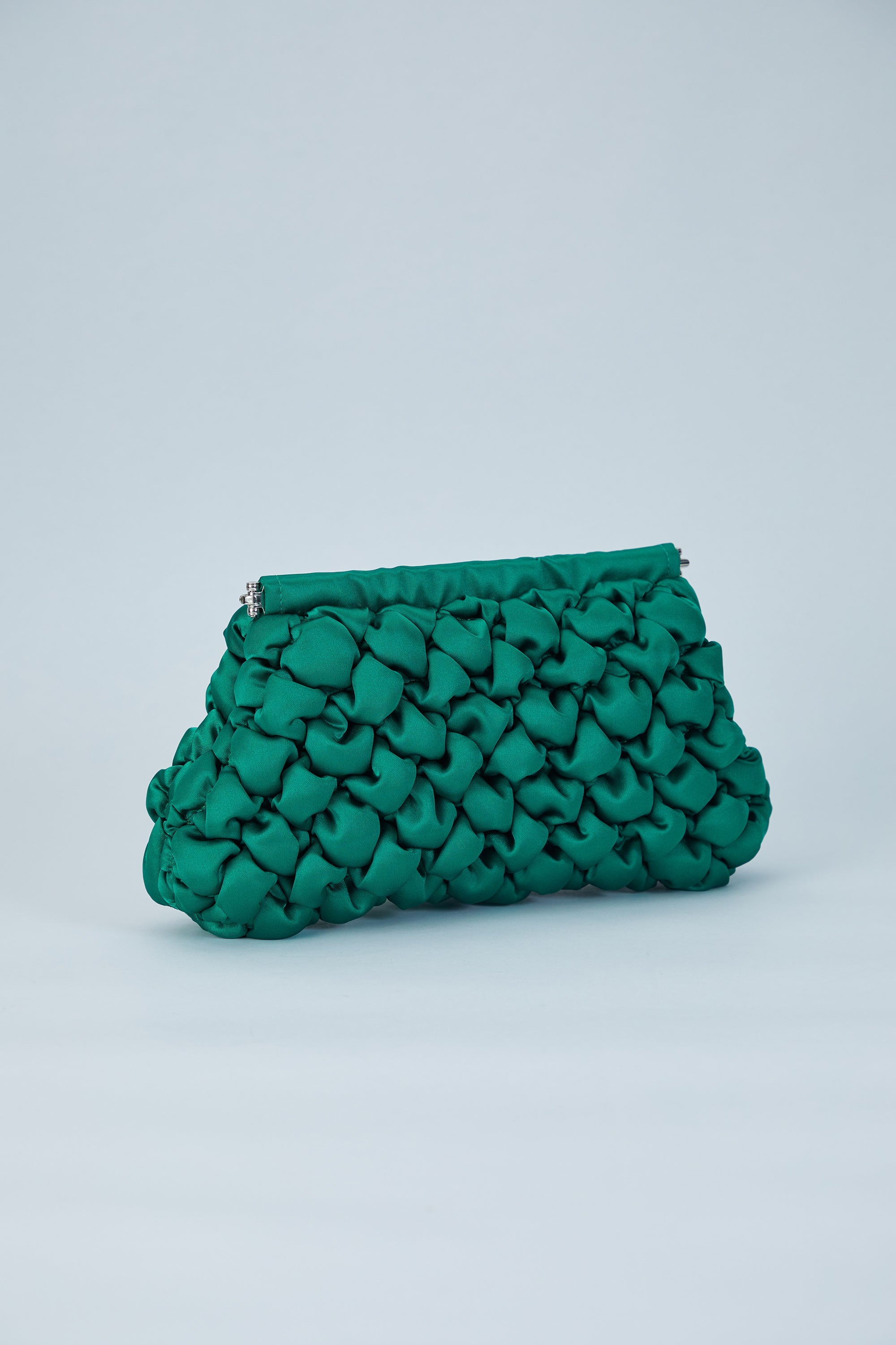 Puffy Quilted Satin Clucth Bag with Detachable Crossbody Strap - Green