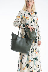 Pu Leather Large Tote Bag with Matching Zipper Pouch  2PCS Set - Green
