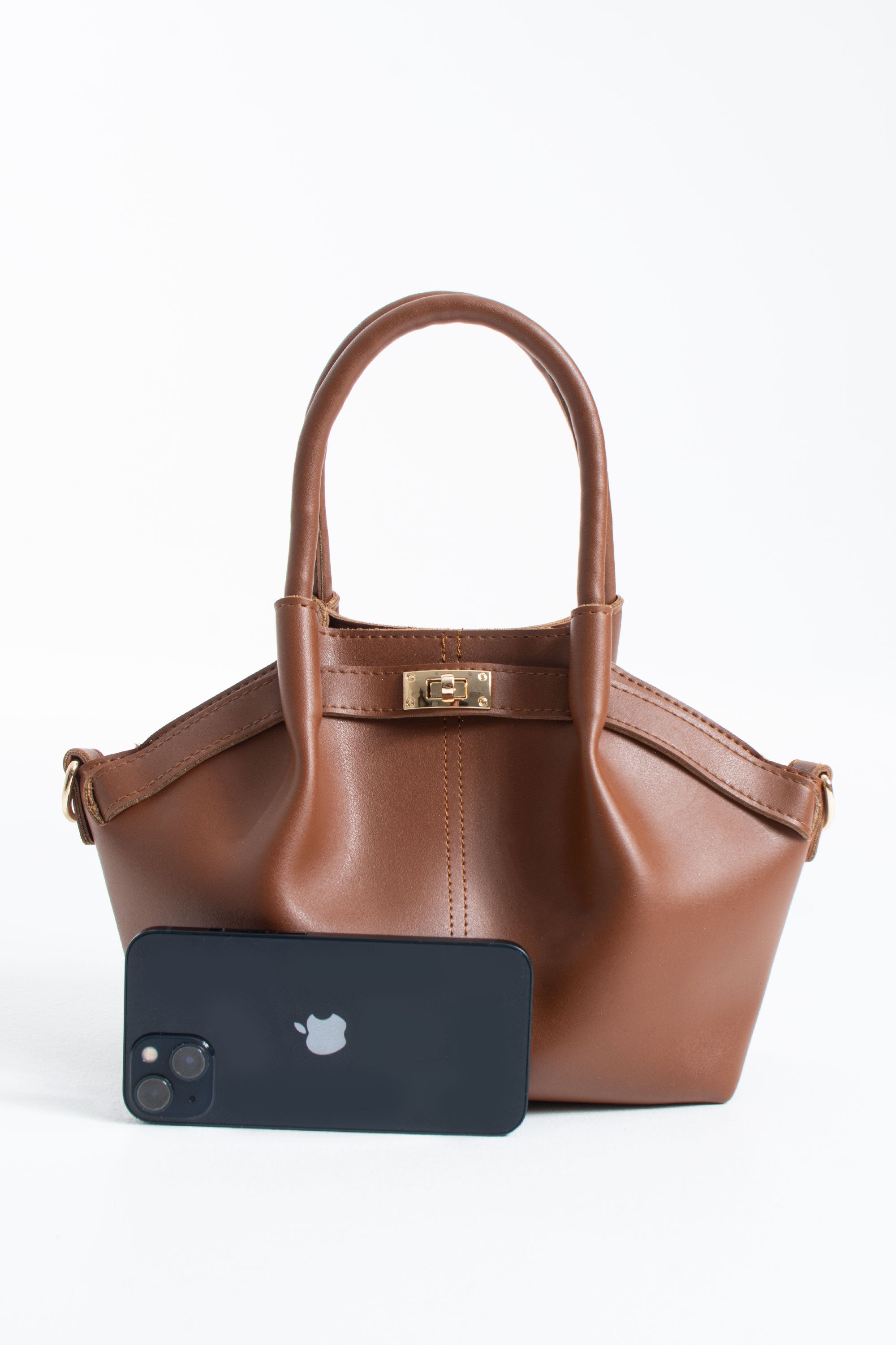 Pu Leather Top Handle Crossbody Bag with Twist Lock Detail - Tan