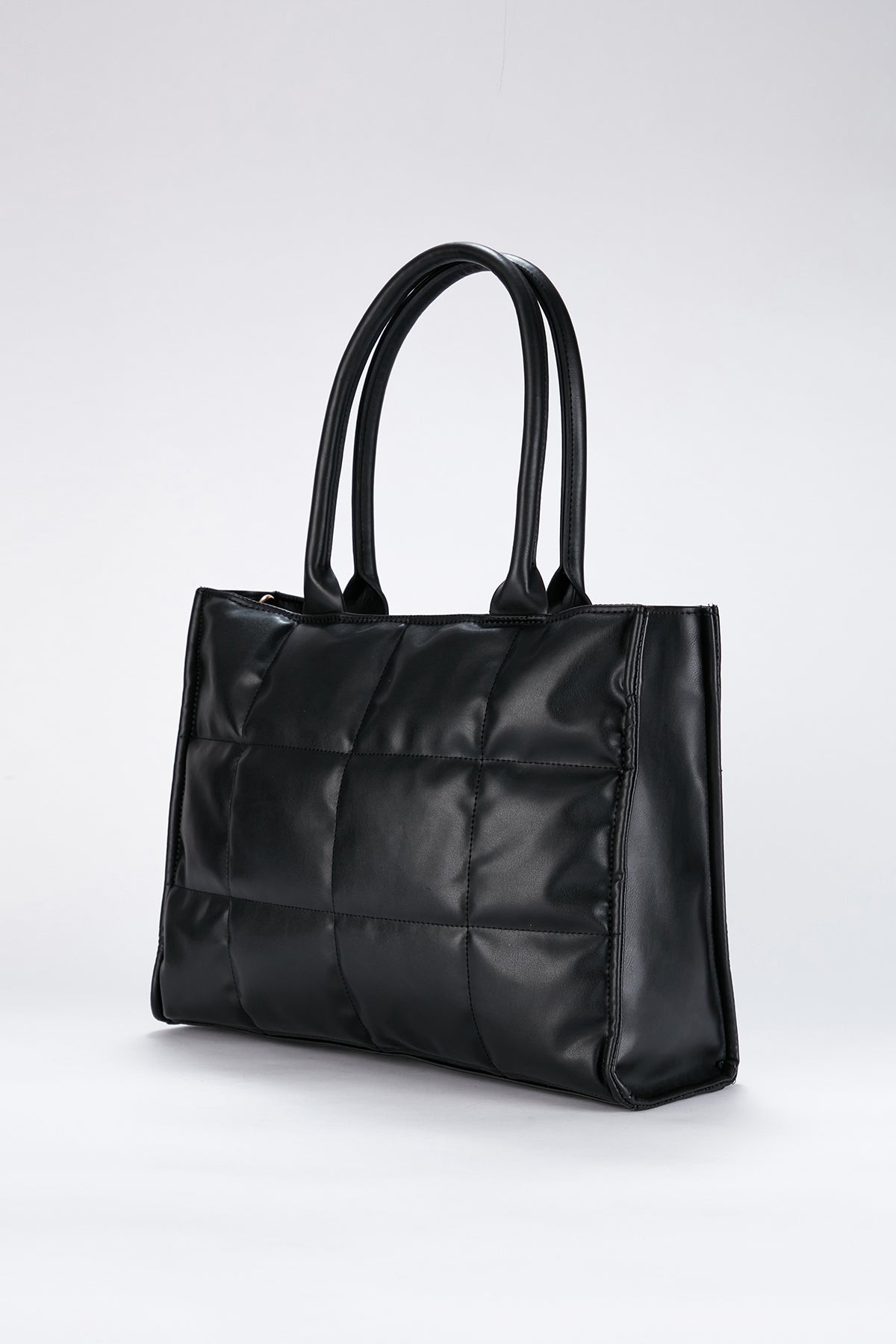 Quilted Pu Leather Tote Bag with Detachable Strap - Black
