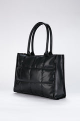 Quilted Pu Leather Tote Bag with Detachable Strap - Black