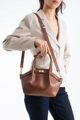 Pu Leather Top Handle Crossbody Bag with Twist Lock Detail - Tan