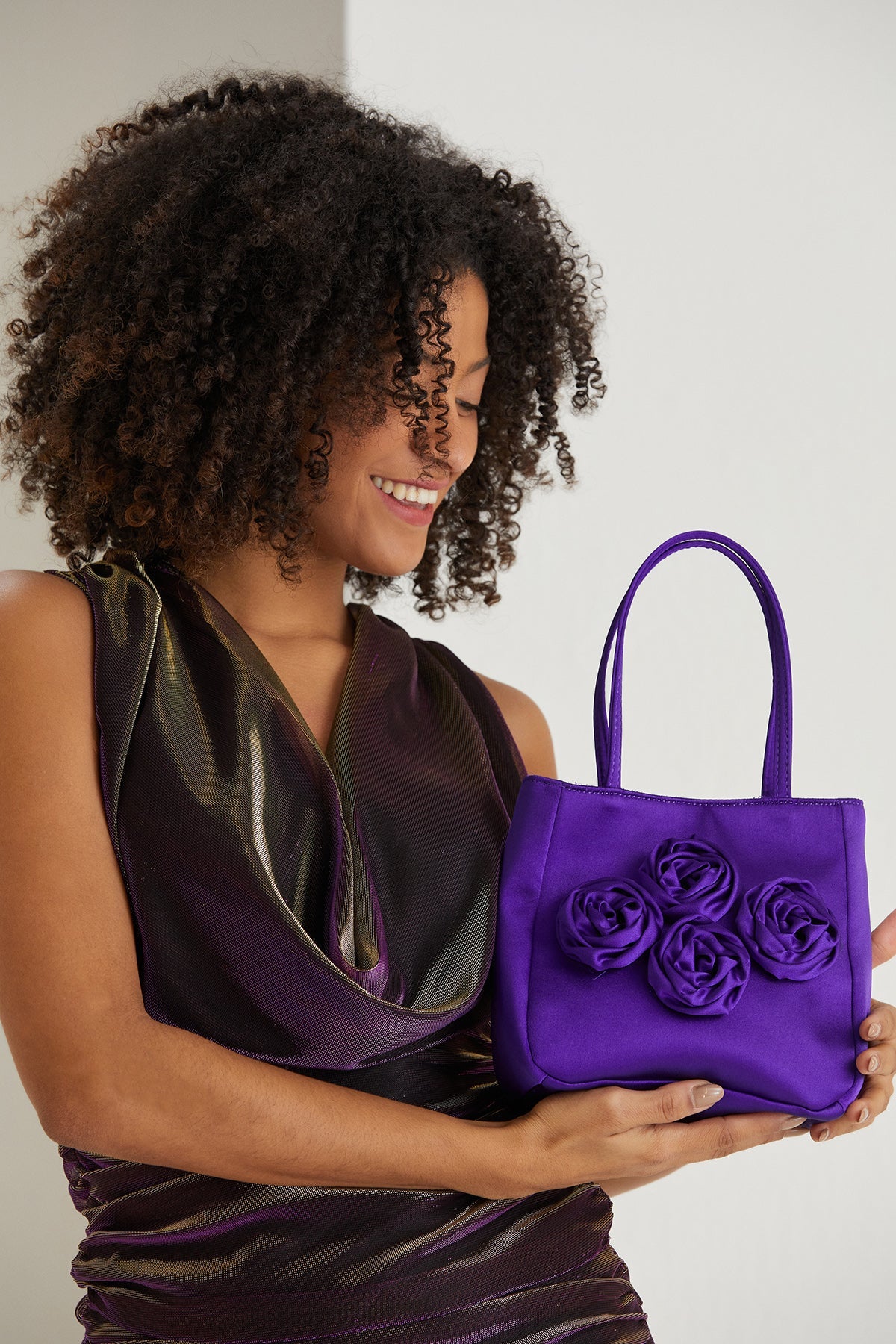 Floral Satin Handbag with Detachable Crossbody Strap - Purple