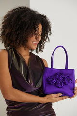 Floral Satin Handbag with Detachable Crossbody Strap - Purple