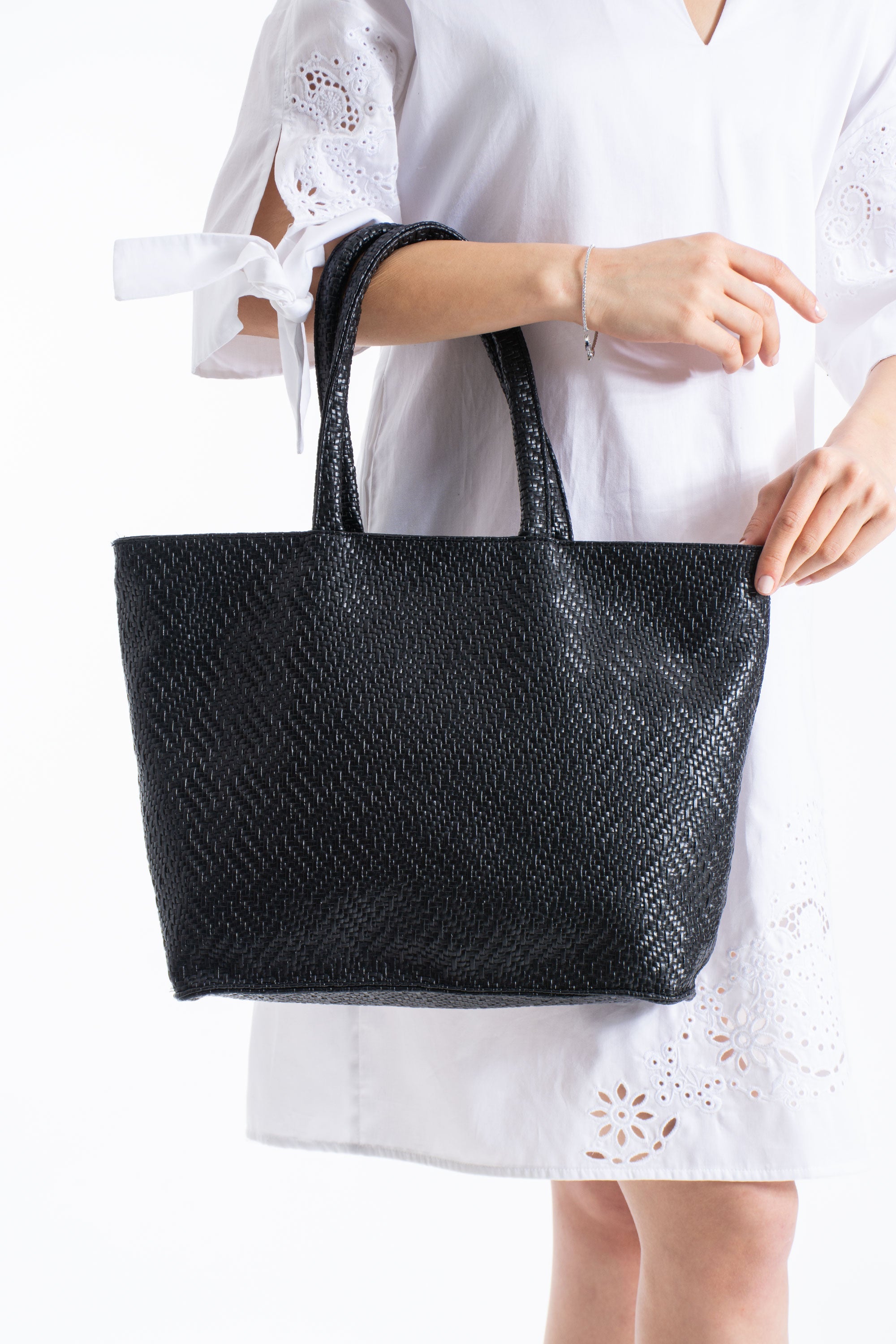 Woven Pu Leather Tote Bag with Matching Zipper Pouch 2PCS Set - Black
