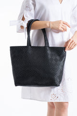 Woven Pu Leather Tote Bag with Matching Zipper Pouch 2PCS Set - Black