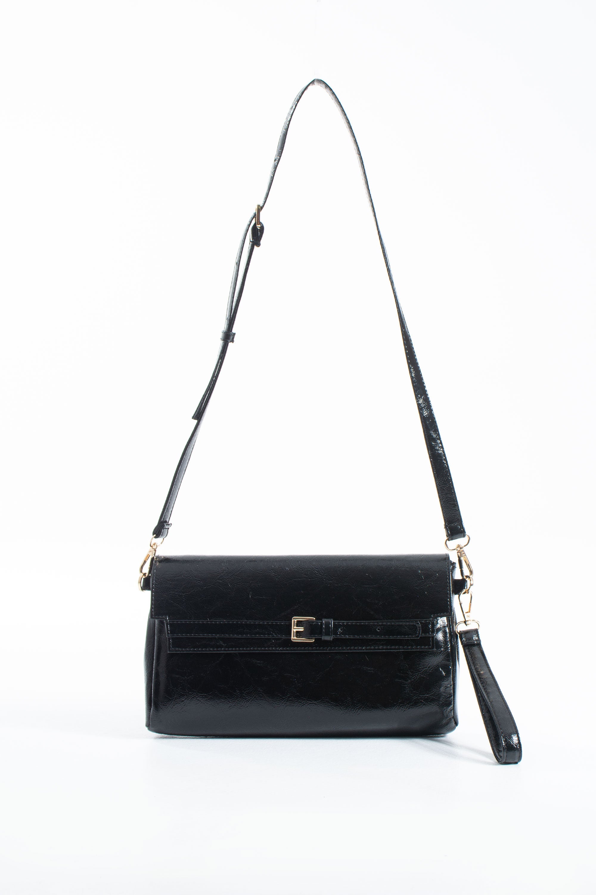 Crinkle Patent Flap Closure Wristlet & Clutc&Crossbody  3-in-1 Handbag - Black