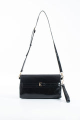 Crinkle Patent Flap Closure Wristlet & Clutc&Crossbody  3-in-1 Handbag - Black