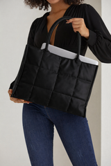 Quilted Pu Leather Tote Bag with Detachable Strap - Black