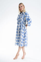 Women’s Linen Blend Leaf Print Midi Shirt Dress - Blue