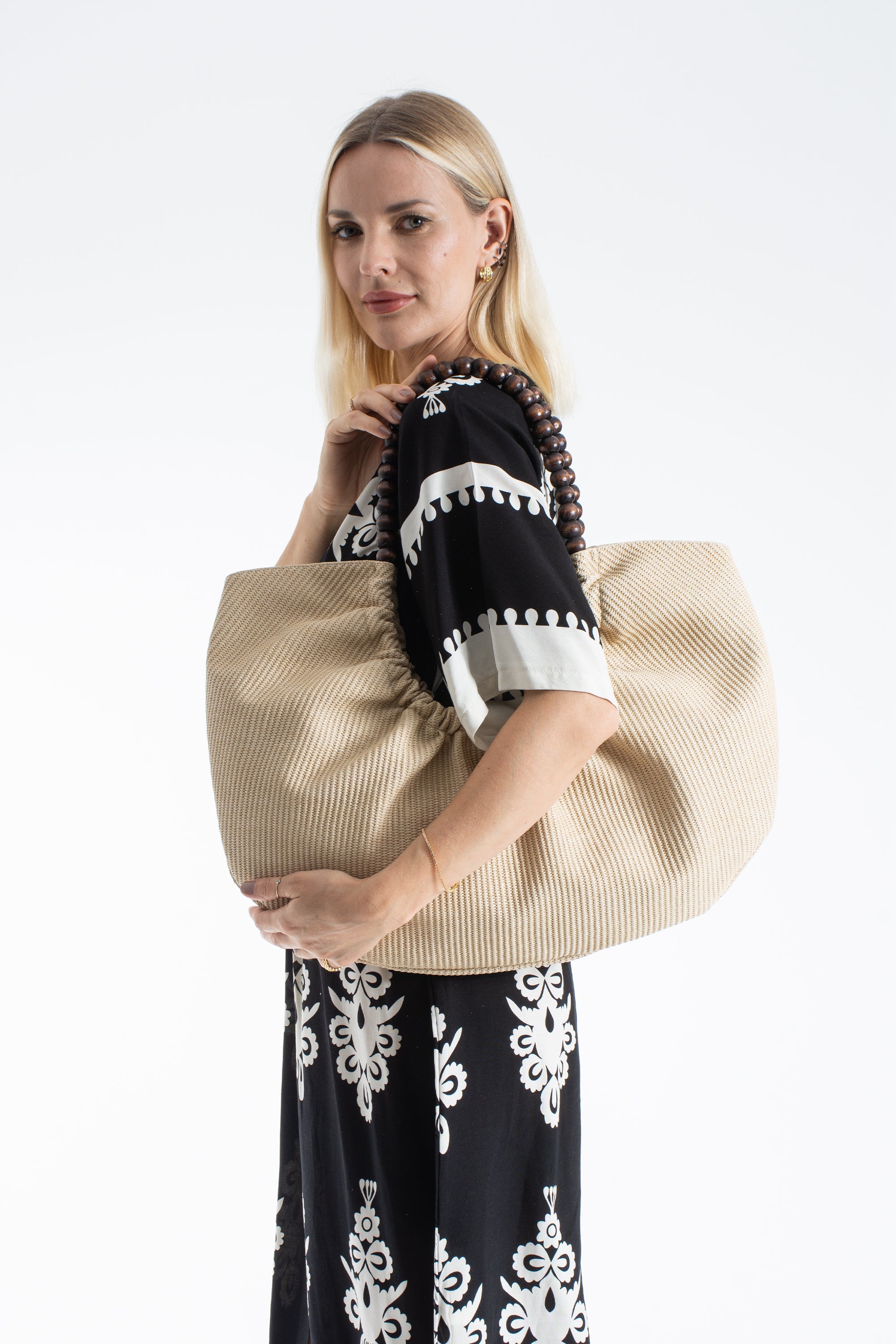 Woven PU Leather Slouchy Tote with Beaded Strap 2PCS Set - Cream