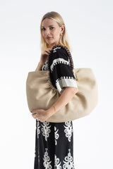 Woven PU Leather Slouchy Tote with Beaded Strap 2PCS Set - Cream
