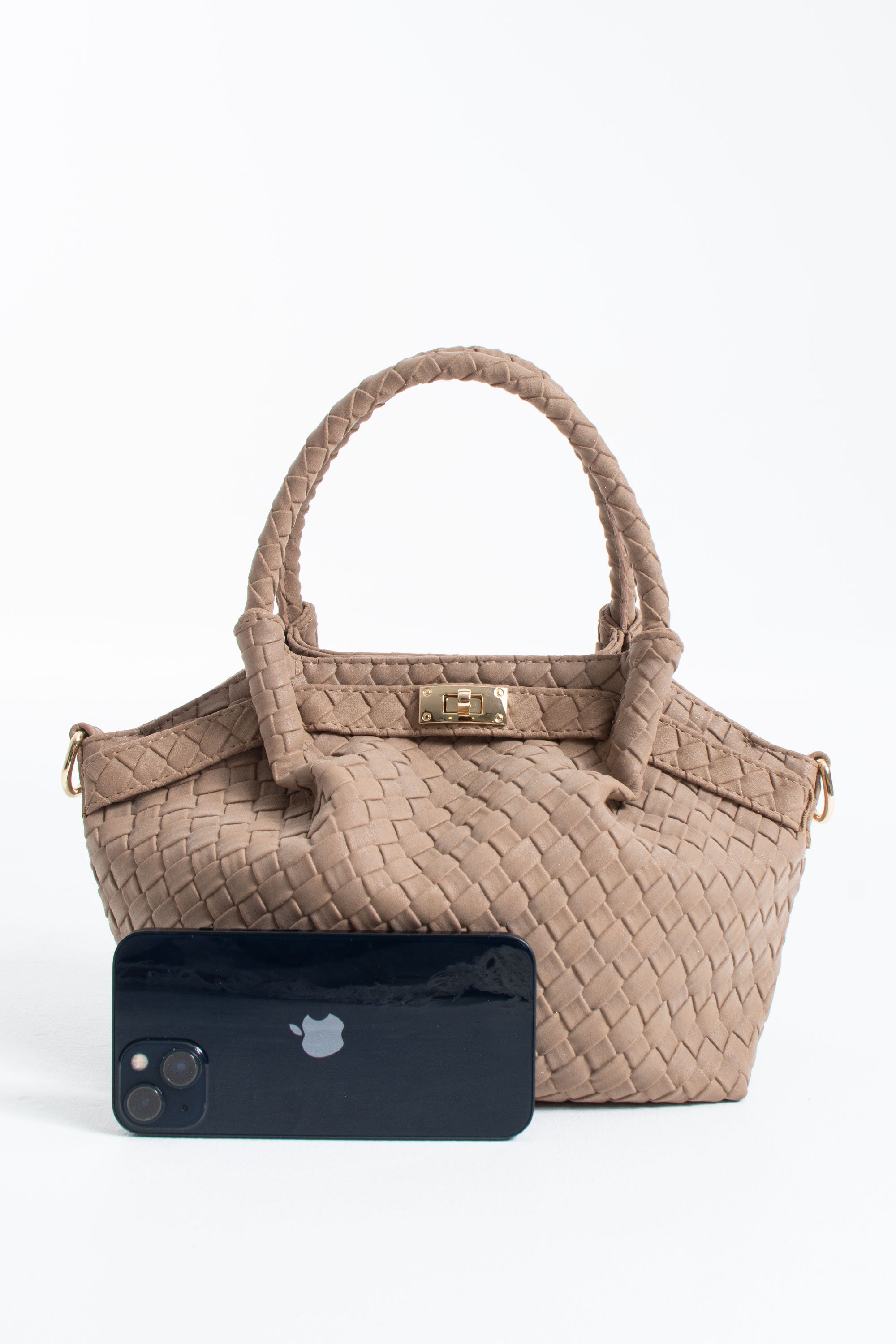Woven Suede Top Handle Crossbody Bag with Twist Lock Detail - Beige