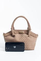 Woven Suede Top Handle Crossbody Bag with Twist Lock Detail - Beige