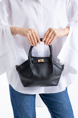 Pu Leather Top Handle Crossbody Bag with Twist Lock Detail - Black