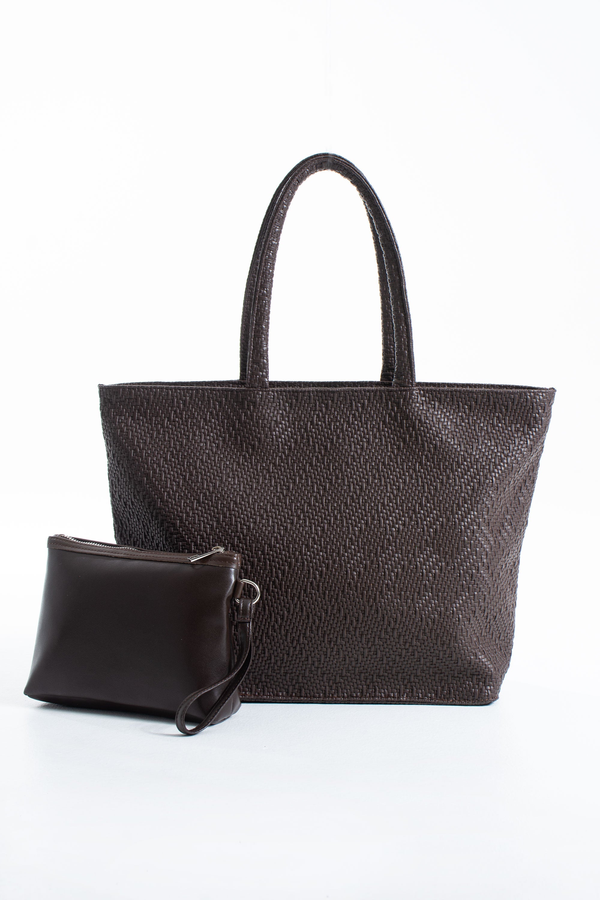 Woven Pu Leather Tote Bag with Matching Zipper Pouch 2PCS Set - Brown