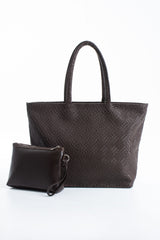 Woven Pu Leather Tote Bag with Matching Zipper Pouch 2PCS Set - Brown