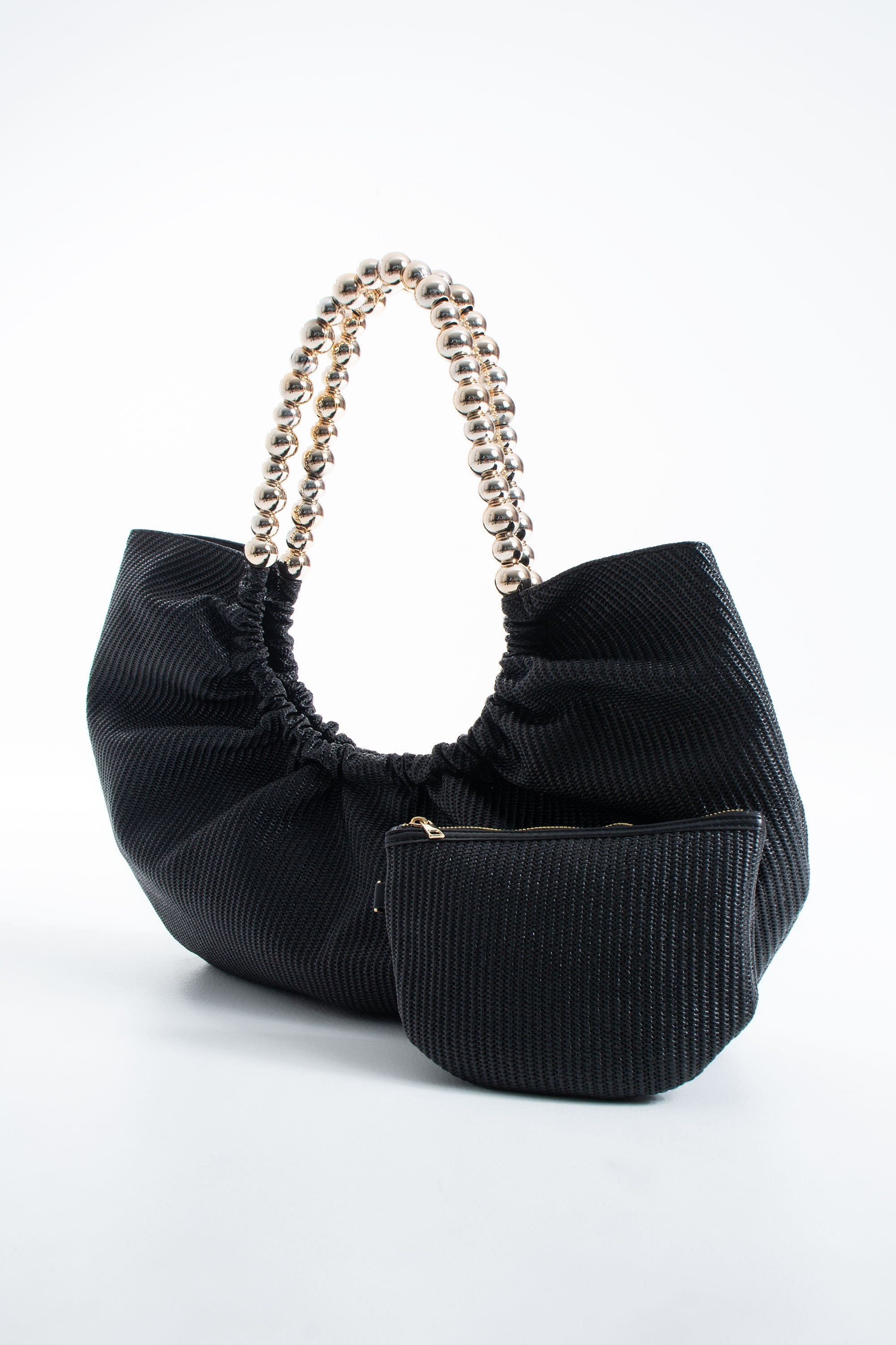 Woven PU Leather Slouchy Tote with Beaded Strap 2PCS Set - Black
