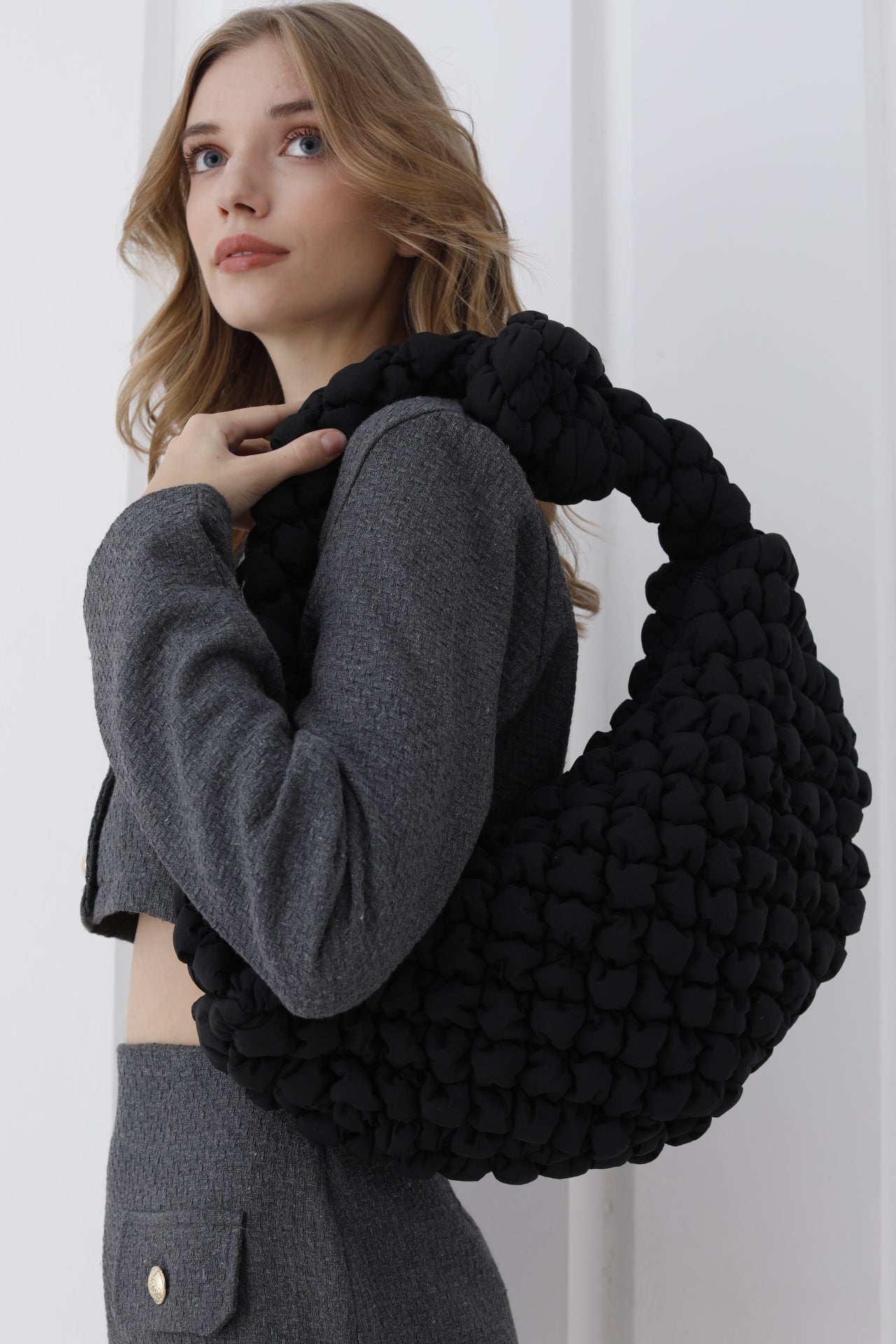 Puffy Quilted Lightweight Large Shoulder Bag - Black