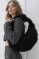 Puffy Quilted Lightweight Large Shoulder Bag - Black