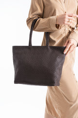 Woven Pu Leather Tote Bag with Matching Zipper Pouch 2PCS Set - Brown