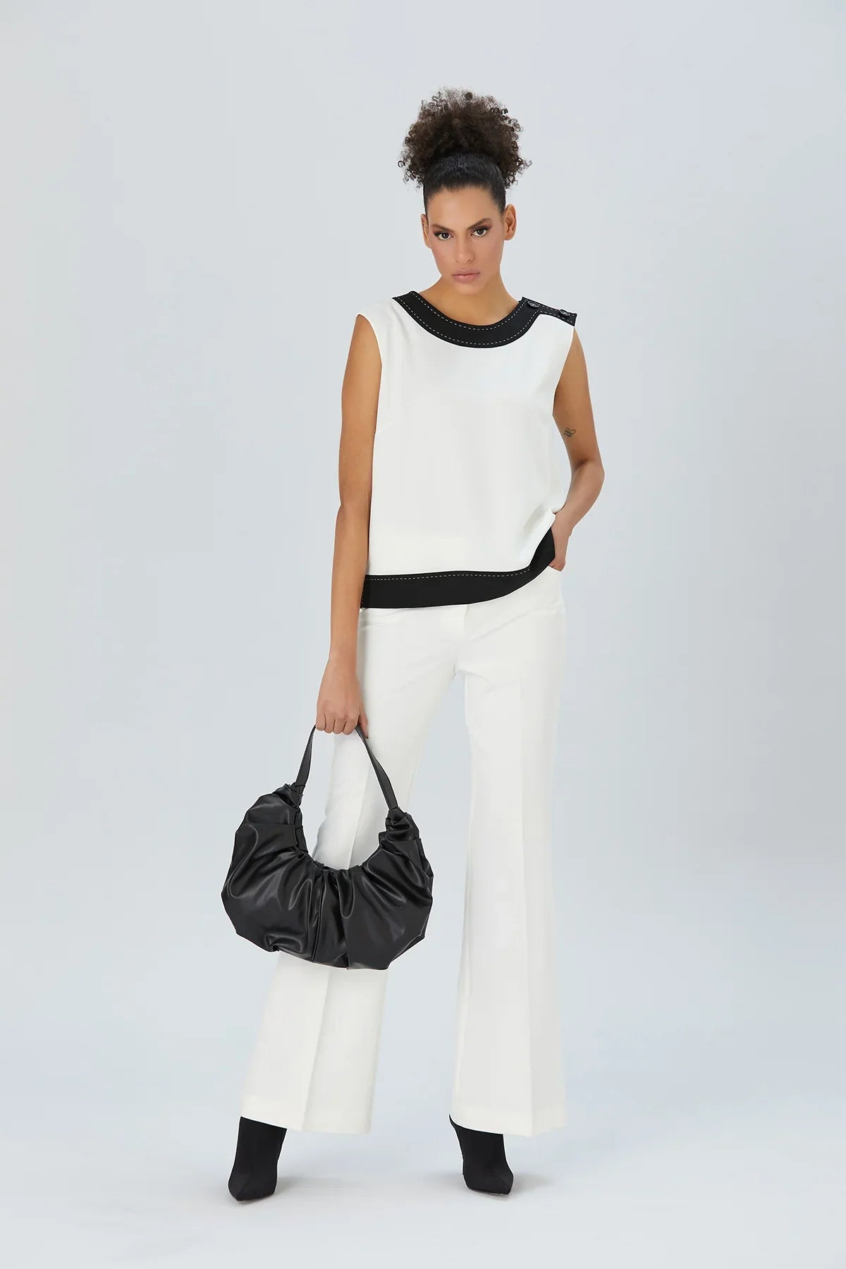 Pu Leather Pleated Shoulder Bag - Black