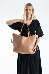 Pu Leather Large Tote Bag with Matching Zipper Pouch  2PCS Set - Nude