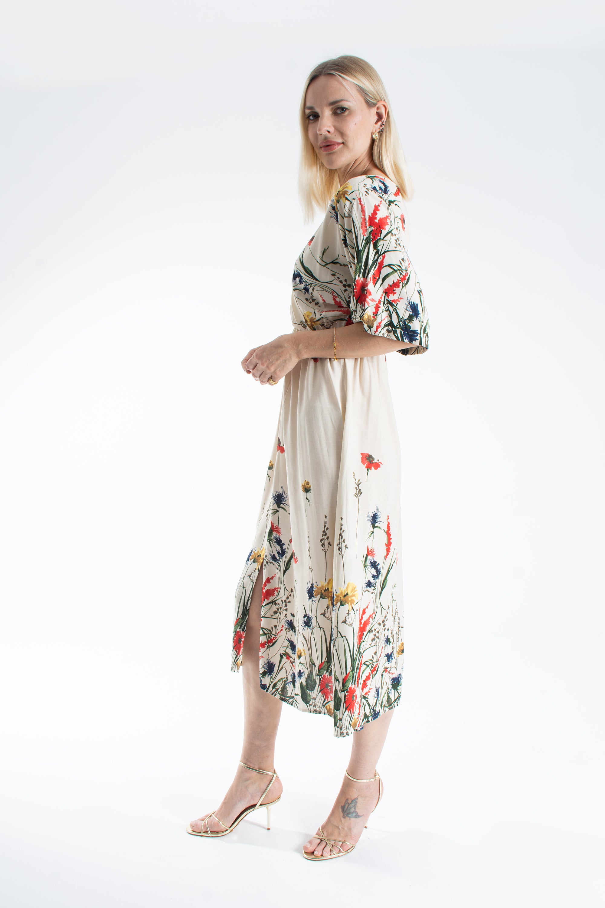 Womens Viscose Floral Print V Neck Short Sleeve Midi Dress