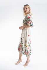 Womens Viscose Floral Print V Neck Short Sleeve Midi Dress
