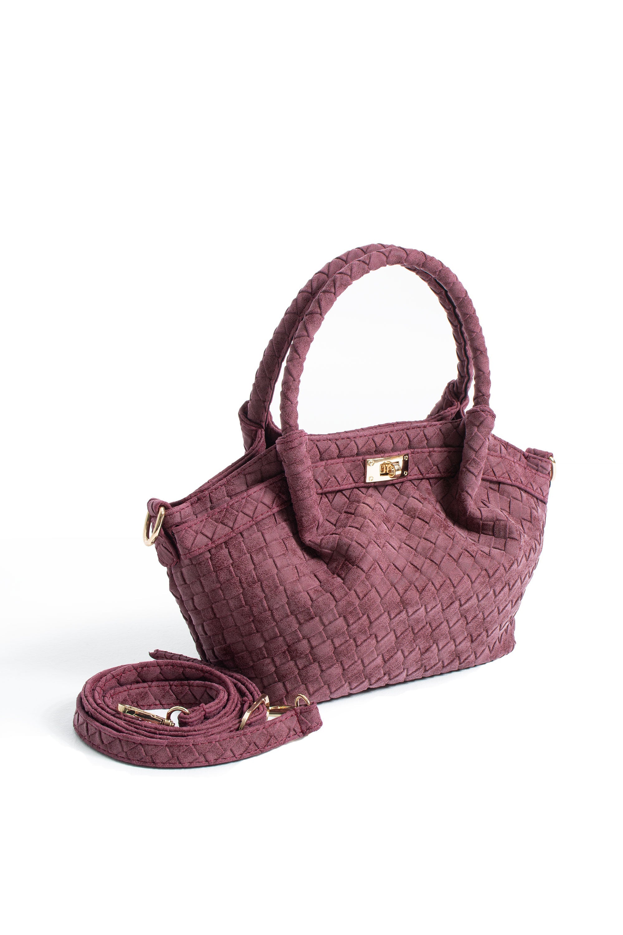 Woven Suede Top Handle Crossbody Bag with Twist Lock Detail - Burgundy