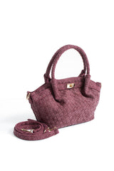Woven Suede Top Handle Crossbody Bag with Twist Lock Detail - Burgundy