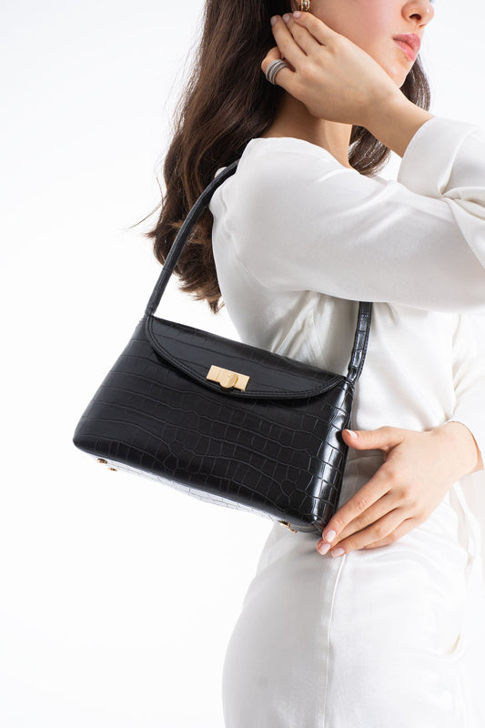 Croc Pu Flap Shoulder Bag - Black