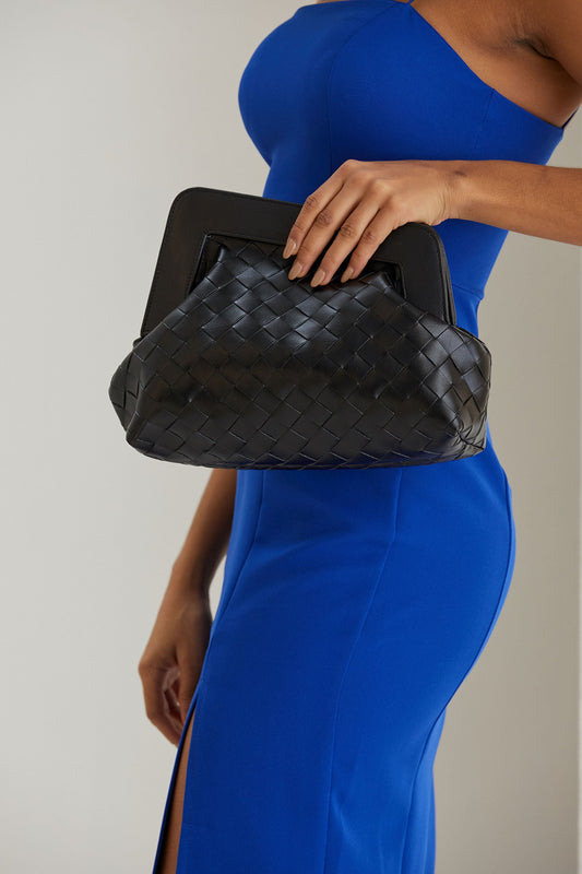 Asymmetrical  Braided Pu Leather  Clutch Bag With Detachable Strap - Black