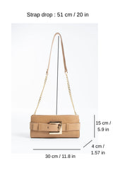 PU Leather Shoulder & Clutch Bag with Large Gold Buckle - Nude