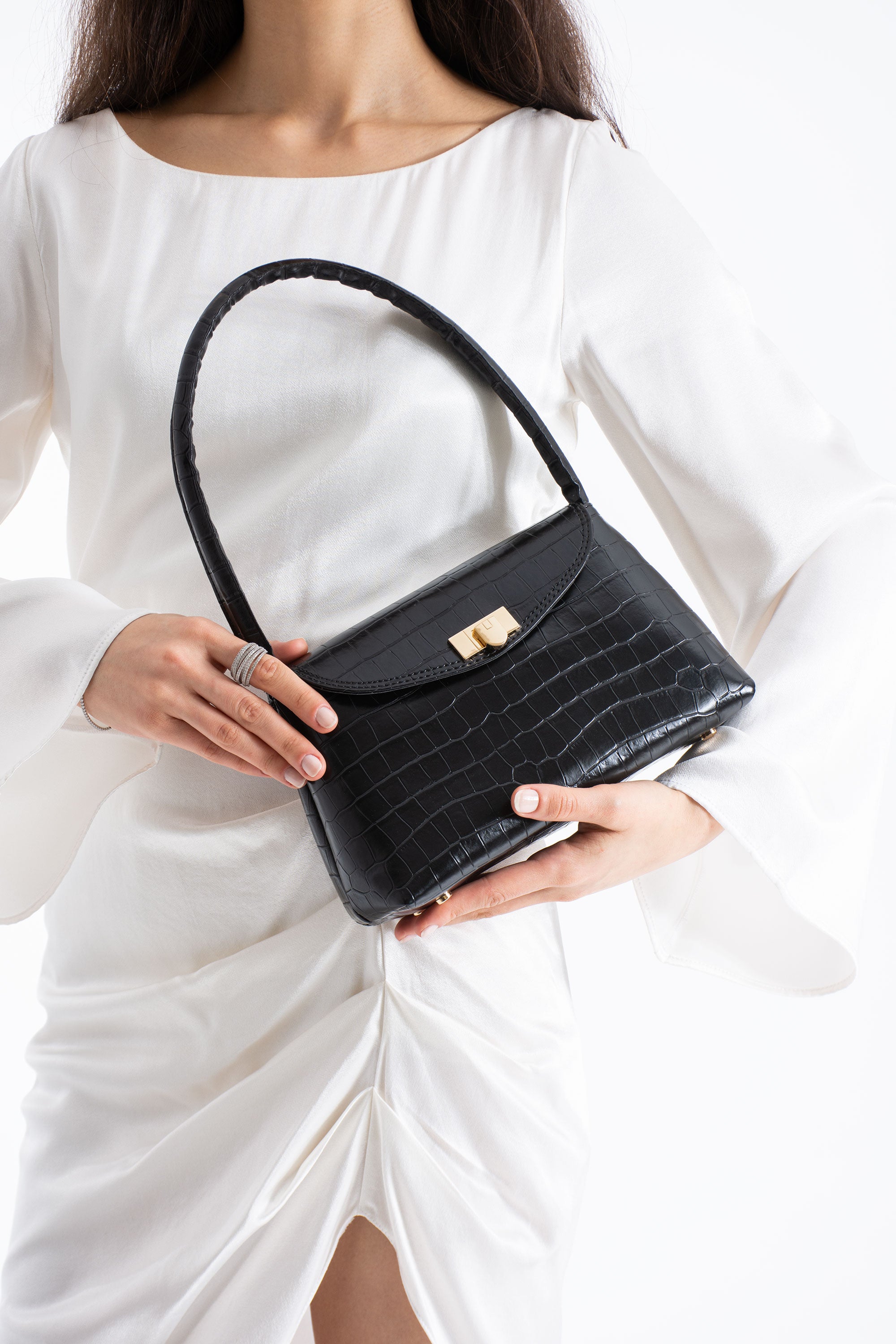 Croc Pu Flap Shoulder Bag - Black