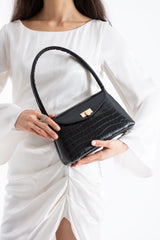 Croc Pu Flap Shoulder Bag - Black